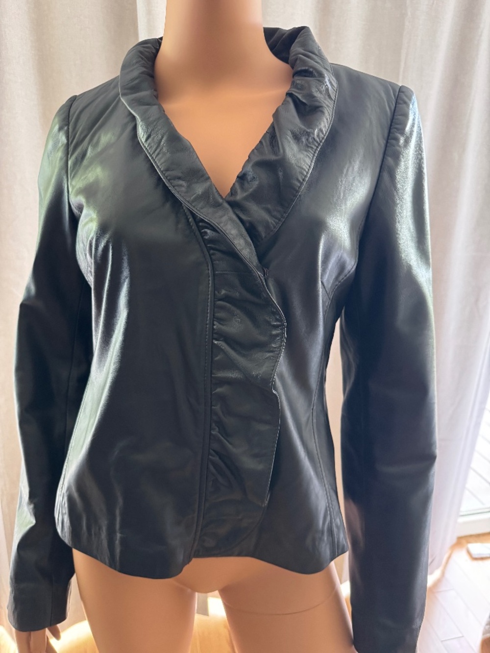 INC Black 100% Genuine Leather Ruffle Jacket with Hidden Snaps - M